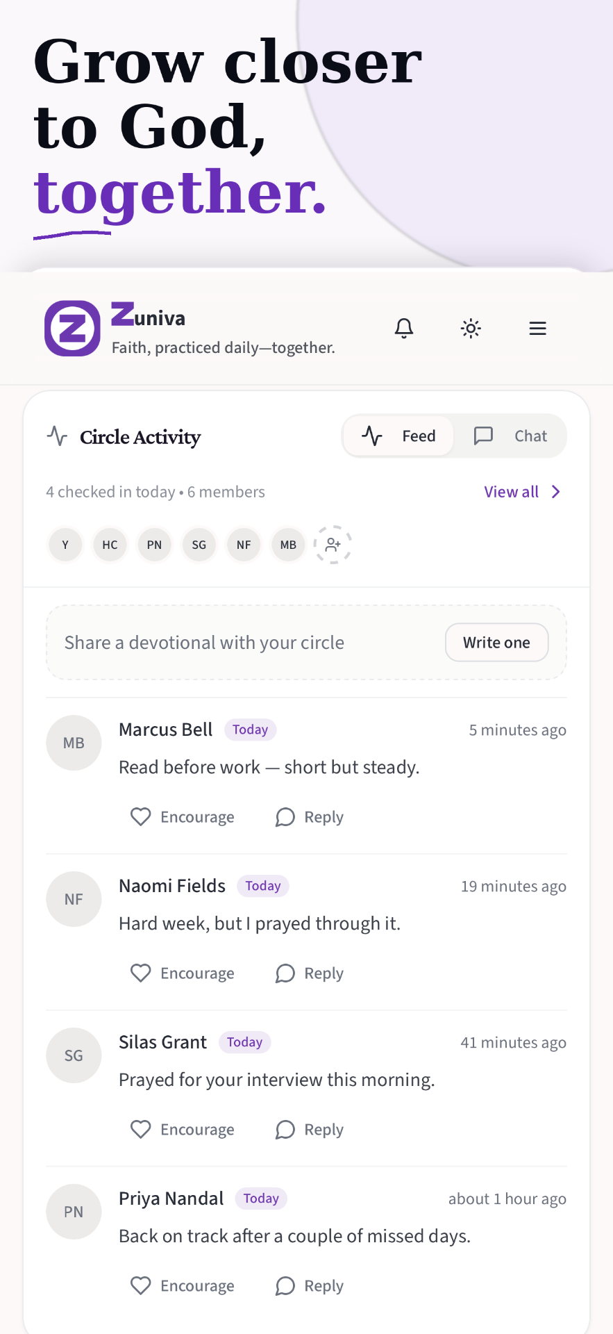 Zuniva Circle activity feed with group check-ins and encouragement.