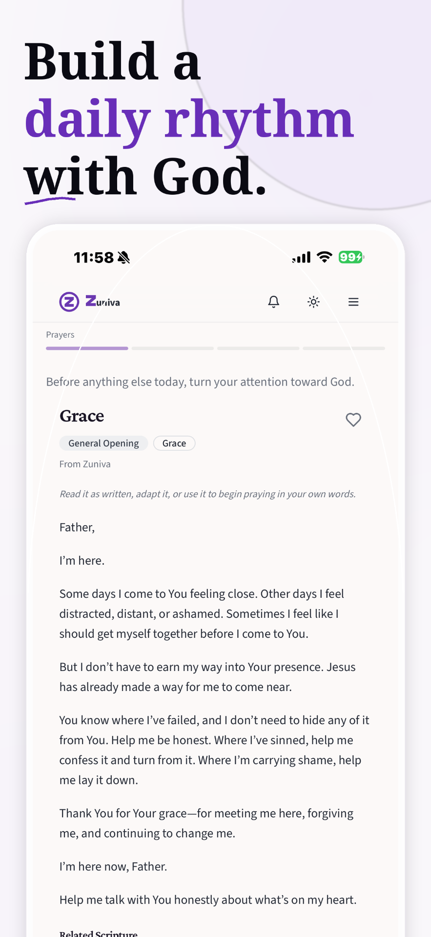 Zuniva Daily Flow showing an opening prayer titled Grace.